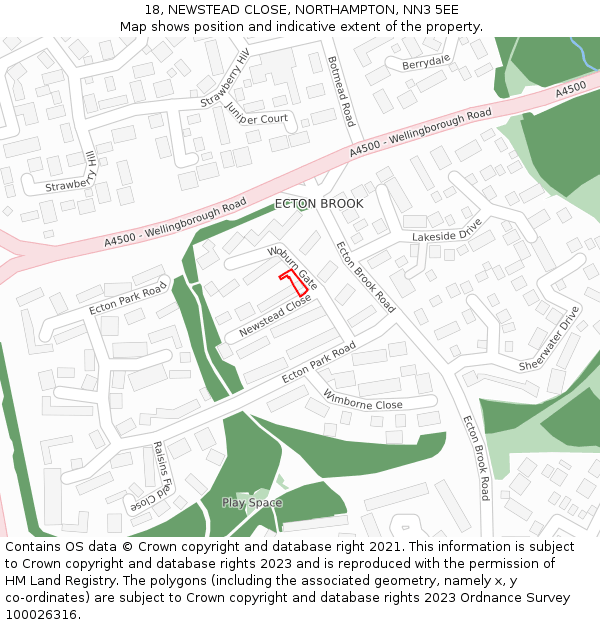 18, NEWSTEAD CLOSE, NORTHAMPTON, NN3 5EE: Location map and indicative extent of plot