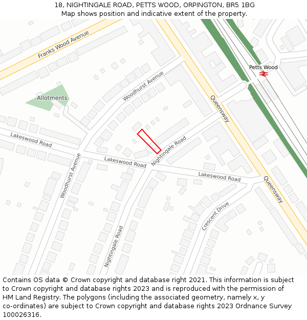 18, NIGHTINGALE ROAD, PETTS WOOD, ORPINGTON, BR5 1BG: Location map and indicative extent of plot