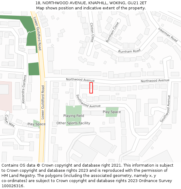 18, NORTHWOOD AVENUE, KNAPHILL, WOKING, GU21 2ET: Location map and indicative extent of plot