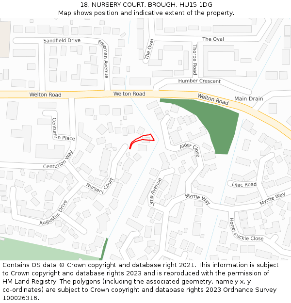 18, NURSERY COURT, BROUGH, HU15 1DG: Location map and indicative extent of plot