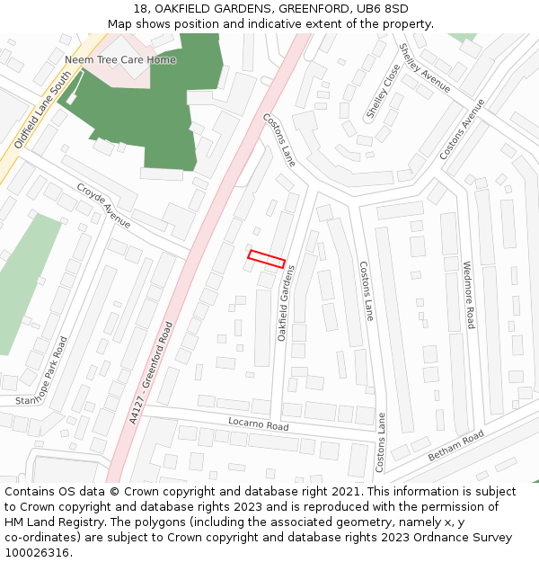 18, OAKFIELD GARDENS, GREENFORD, UB6 8SD: Location map and indicative extent of plot