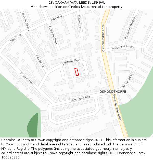 18, OAKHAM WAY, LEEDS, LS9 9AL: Location map and indicative extent of plot