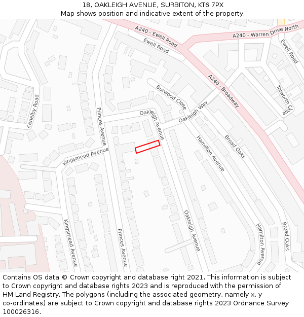 18, OAKLEIGH AVENUE, SURBITON, KT6 7PX: Location map and indicative extent of plot