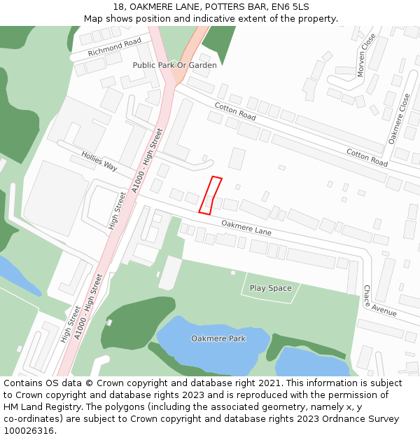 18, OAKMERE LANE, POTTERS BAR, EN6 5LS: Location map and indicative extent of plot