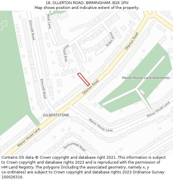 18, OLLERTON ROAD, BIRMINGHAM, B26 1PN: Location map and indicative extent of plot