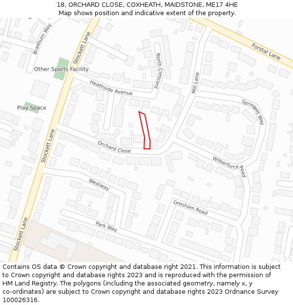 18, ORCHARD CLOSE, COXHEATH, MAIDSTONE, ME17 4HE: Location map and indicative extent of plot