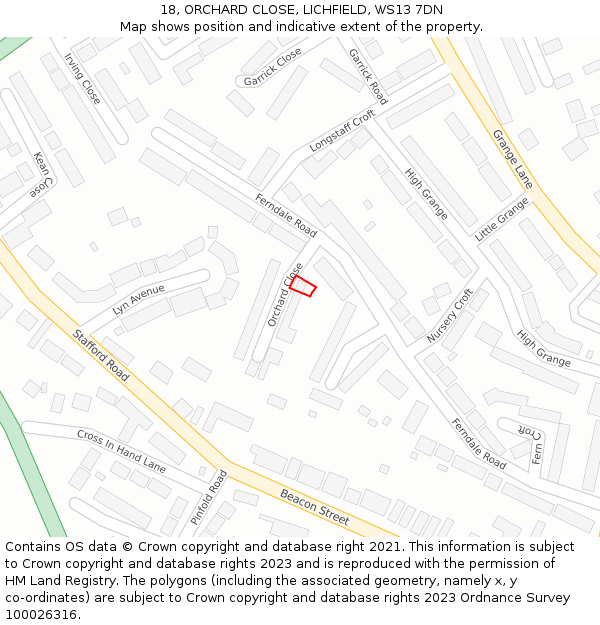 18, ORCHARD CLOSE, LICHFIELD, WS13 7DN: Location map and indicative extent of plot