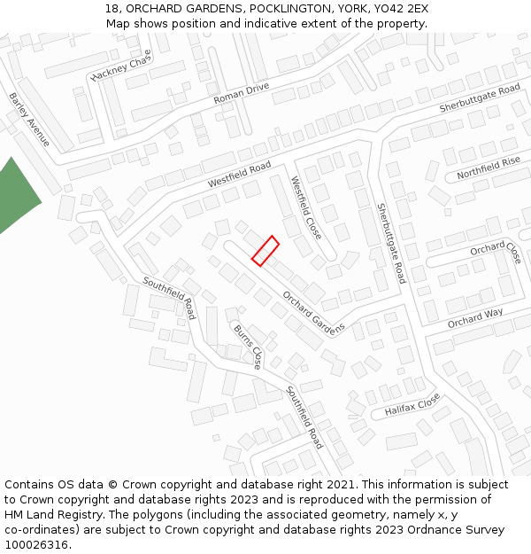 18, ORCHARD GARDENS, POCKLINGTON, YORK, YO42 2EX: Location map and indicative extent of plot