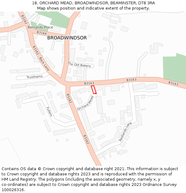 18, ORCHARD MEAD, BROADWINDSOR, BEAMINSTER, DT8 3RA: Location map and indicative extent of plot