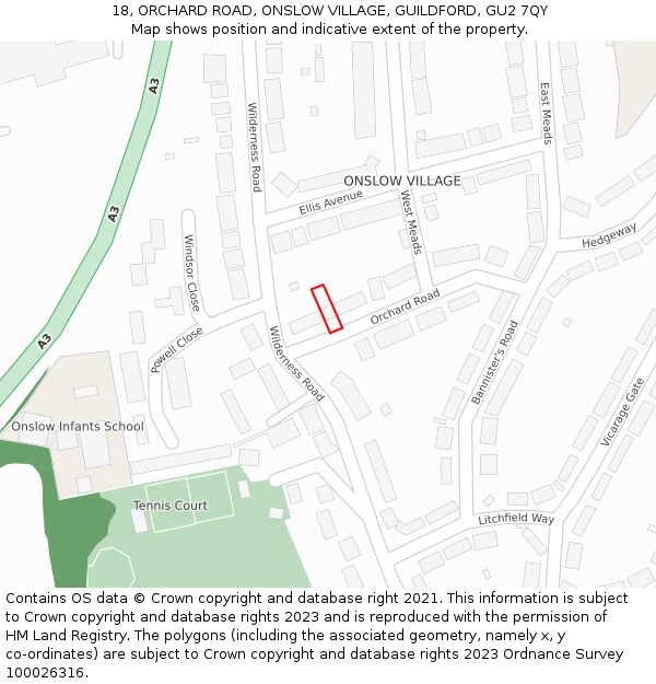 18, ORCHARD ROAD, ONSLOW VILLAGE, GUILDFORD, GU2 7QY: Location map and indicative extent of plot