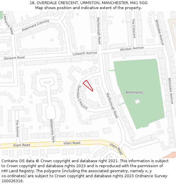 18, OVERDALE CRESCENT, URMSTON, MANCHESTER, M41 5GG: Location map and indicative extent of plot