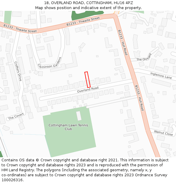 18, OVERLAND ROAD, COTTINGHAM, HU16 4PZ: Location map and indicative extent of plot