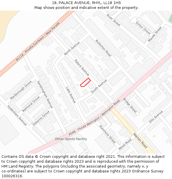 18, PALACE AVENUE, RHYL, LL18 1HS: Location map and indicative extent of plot