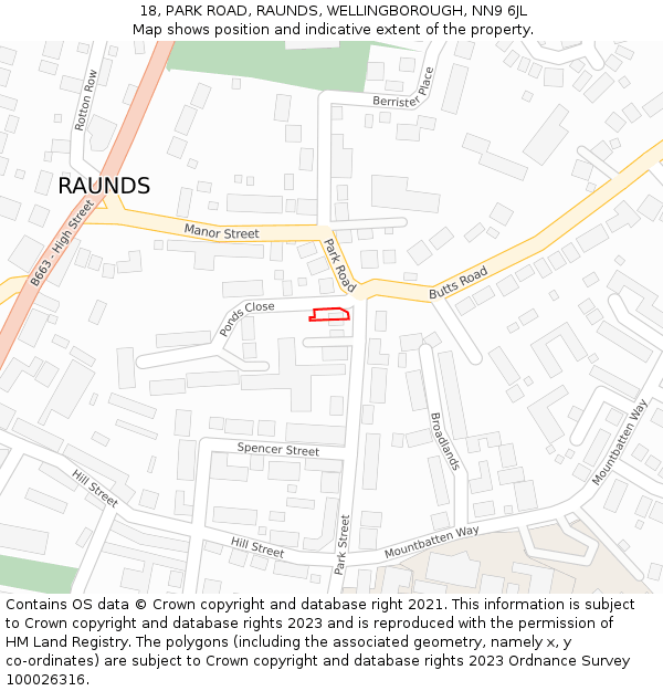 18, PARK ROAD, RAUNDS, WELLINGBOROUGH, NN9 6JL: Location map and indicative extent of plot