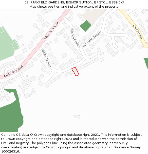 18, PARKFIELD GARDENS, BISHOP SUTTON, BRISTOL, BS39 5XF: Location map and indicative extent of plot