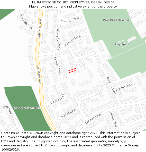 18, PARKSTONE COURT, MICKLEOVER, DERBY, DE3 0RJ: Location map and indicative extent of plot