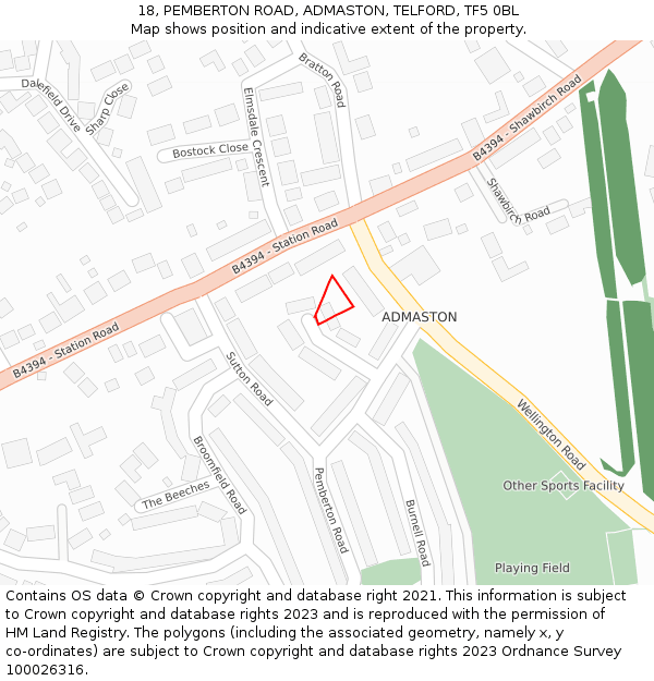 18, PEMBERTON ROAD, ADMASTON, TELFORD, TF5 0BL: Location map and indicative extent of plot