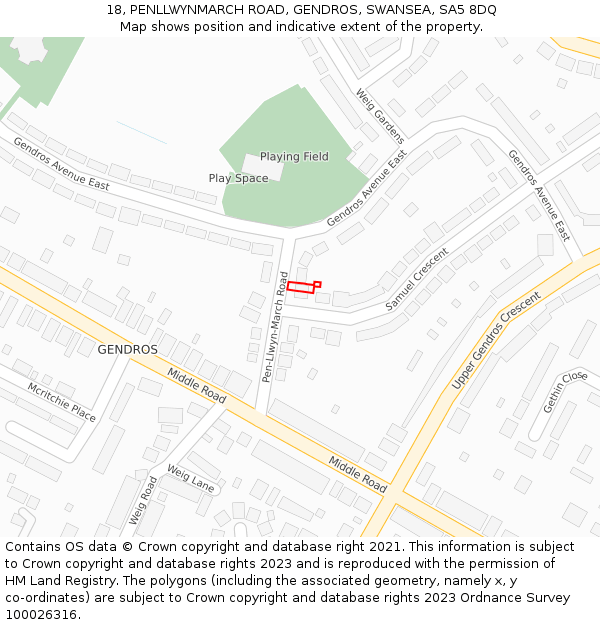 18, PENLLWYNMARCH ROAD, GENDROS, SWANSEA, SA5 8DQ: Location map and indicative extent of plot