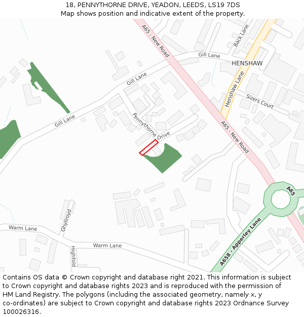 18, PENNYTHORNE DRIVE, YEADON, LEEDS, LS19 7DS: Location map and indicative extent of plot