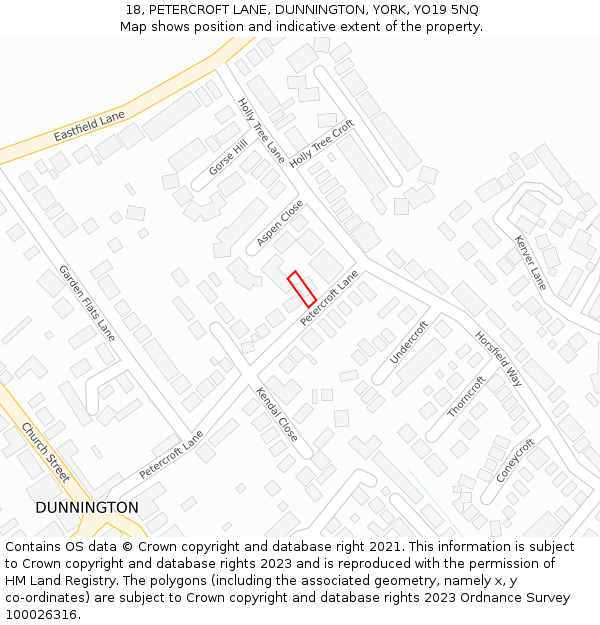 18, PETERCROFT LANE, DUNNINGTON, YORK, YO19 5NQ: Location map and indicative extent of plot