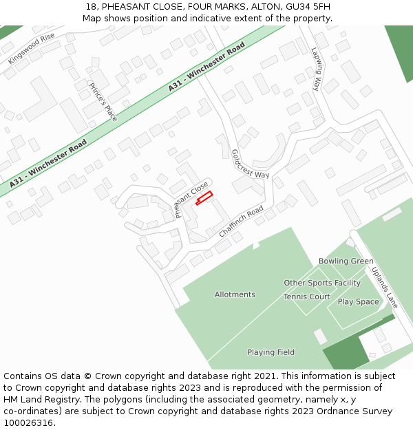 18, PHEASANT CLOSE, FOUR MARKS, ALTON, GU34 5FH: Location map and indicative extent of plot