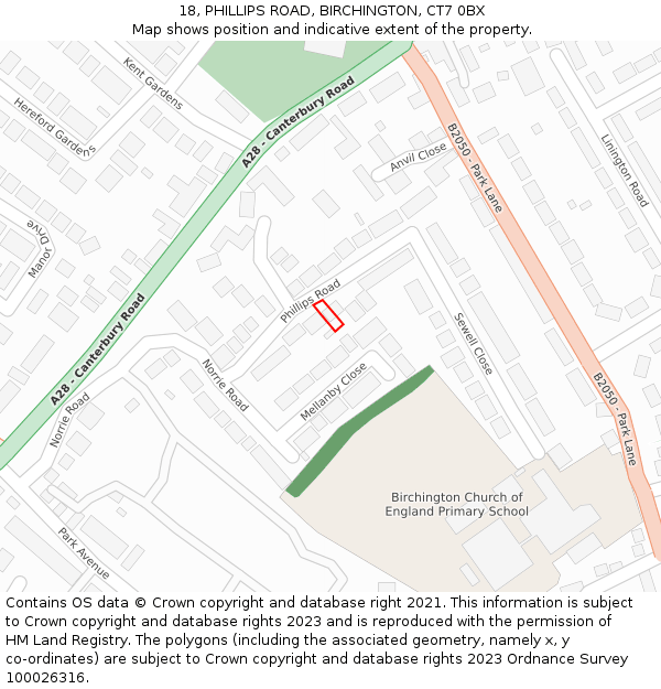 18, PHILLIPS ROAD, BIRCHINGTON, CT7 0BX: Location map and indicative extent of plot