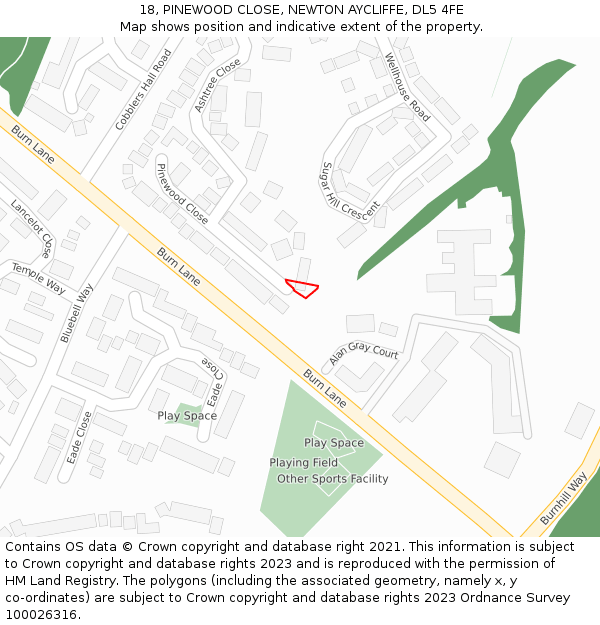 18, PINEWOOD CLOSE, NEWTON AYCLIFFE, DL5 4FE: Location map and indicative extent of plot
