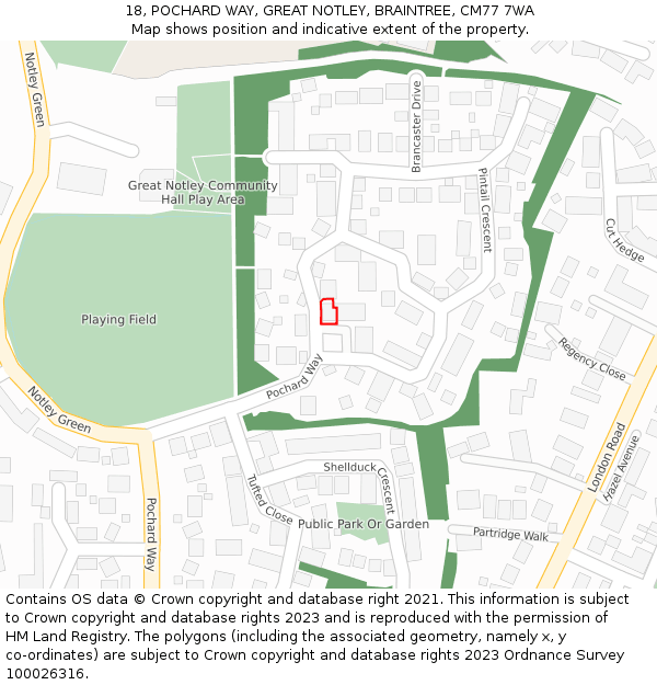 18, POCHARD WAY, GREAT NOTLEY, BRAINTREE, CM77 7WA: Location map and indicative extent of plot