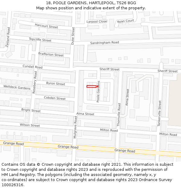 18, POOLE GARDENS, HARTLEPOOL, TS26 8GG: Location map and indicative extent of plot