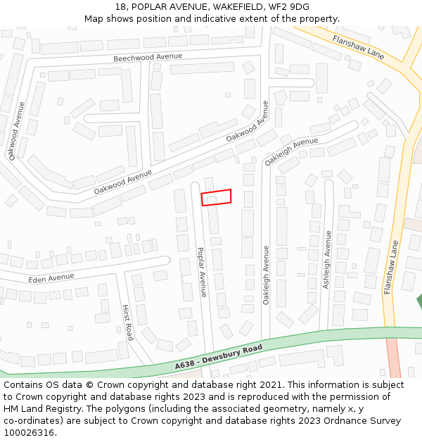 18, POPLAR AVENUE, WAKEFIELD, WF2 9DG: Location map and indicative extent of plot