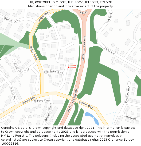 18, PORTOBELLO CLOSE, THE ROCK, TELFORD, TF3 5DB: Location map and indicative extent of plot