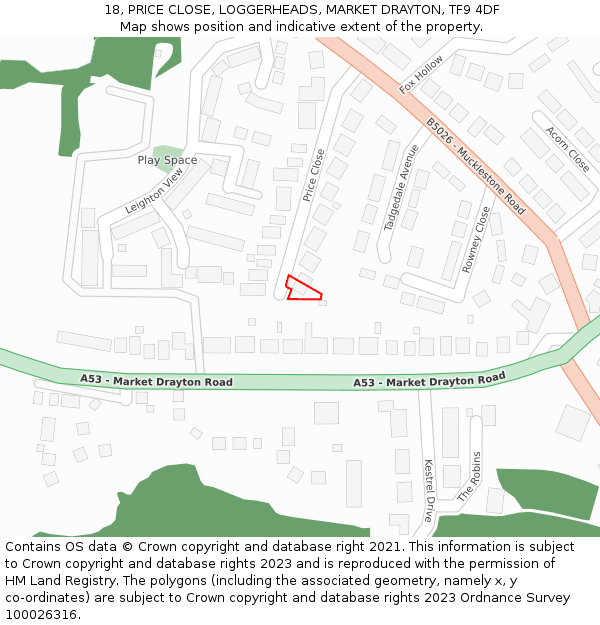18, PRICE CLOSE, LOGGERHEADS, MARKET DRAYTON, TF9 4DF: Location map and indicative extent of plot