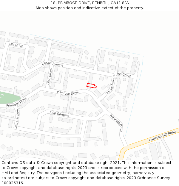 18, PRIMROSE DRIVE, PENRITH, CA11 8FA: Location map and indicative extent of plot