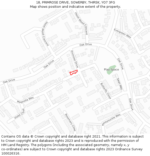 18, PRIMROSE DRIVE, SOWERBY, THIRSK, YO7 3FG: Location map and indicative extent of plot