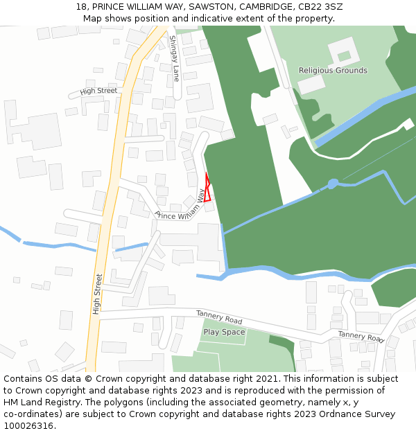 18, PRINCE WILLIAM WAY, SAWSTON, CAMBRIDGE, CB22 3SZ: Location map and indicative extent of plot