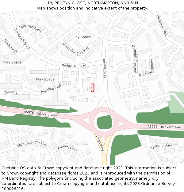 18, PROBYN CLOSE, NORTHAMPTON, NN3 5LN: Location map and indicative extent of plot