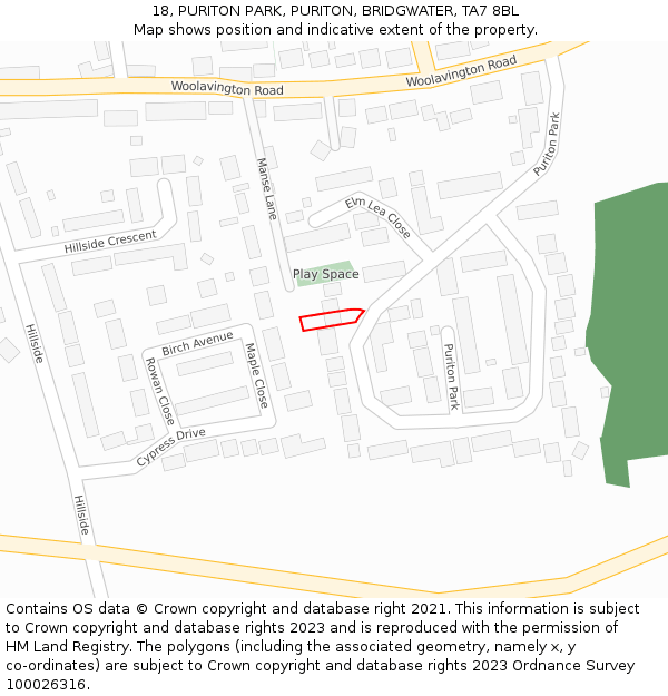 18, PURITON PARK, PURITON, BRIDGWATER, TA7 8BL: Location map and indicative extent of plot