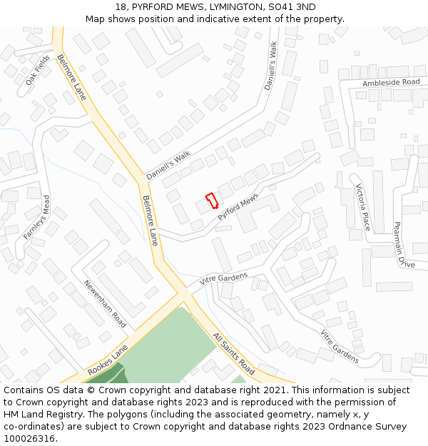 18, PYRFORD MEWS, LYMINGTON, SO41 3ND: Location map and indicative extent of plot