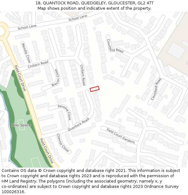 18, QUANTOCK ROAD, QUEDGELEY, GLOUCESTER, GL2 4TT: Location map and indicative extent of plot