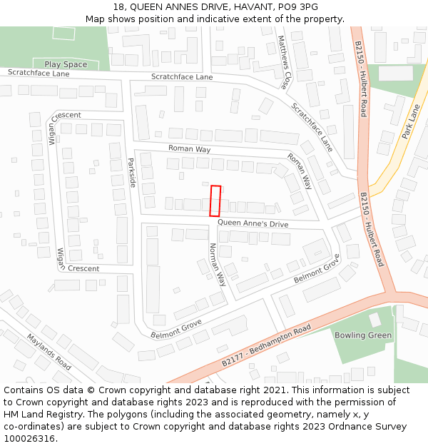 18, QUEEN ANNES DRIVE, HAVANT, PO9 3PG: Location map and indicative extent of plot