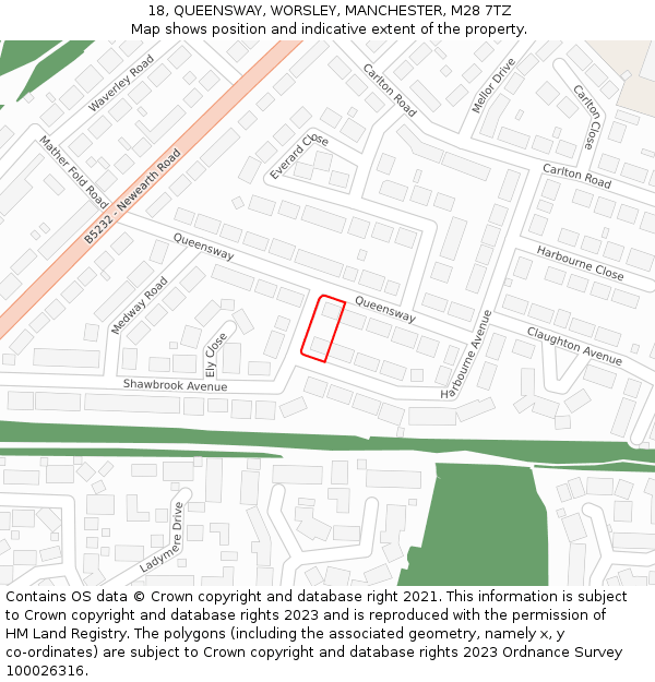 18, QUEENSWAY, WORSLEY, MANCHESTER, M28 7TZ: Location map and indicative extent of plot