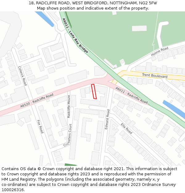 18, RADCLIFFE ROAD, WEST BRIDGFORD, NOTTINGHAM, NG2 5FW: Location map and indicative extent of plot