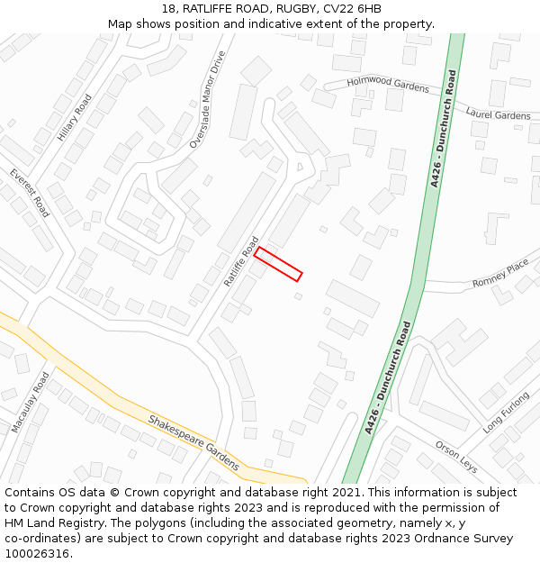 18, RATLIFFE ROAD, RUGBY, CV22 6HB: Location map and indicative extent of plot