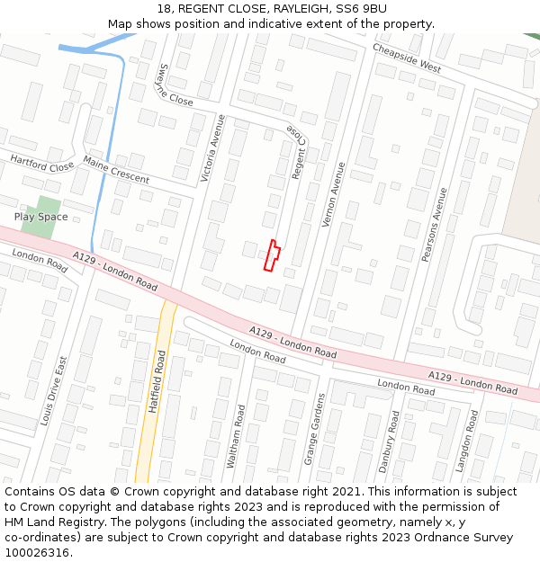 18, REGENT CLOSE, RAYLEIGH, SS6 9BU: Location map and indicative extent of plot