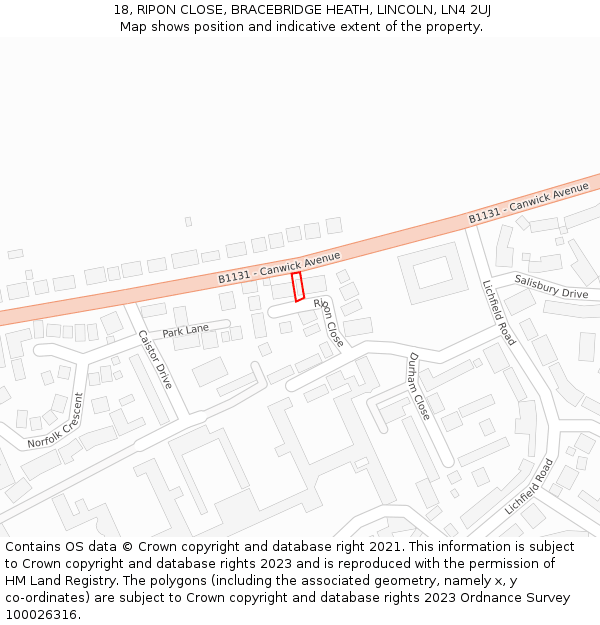 18, RIPON CLOSE, BRACEBRIDGE HEATH, LINCOLN, LN4 2UJ: Location map and indicative extent of plot