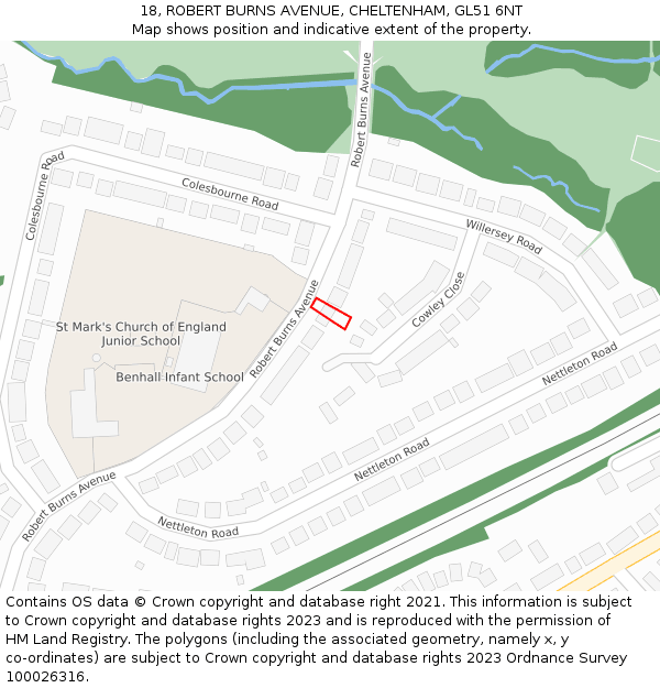 18, ROBERT BURNS AVENUE, CHELTENHAM, GL51 6NT: Location map and indicative extent of plot
