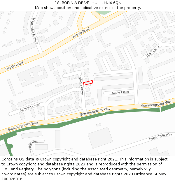 18, ROBINIA DRIVE, HULL, HU4 6QN: Location map and indicative extent of plot