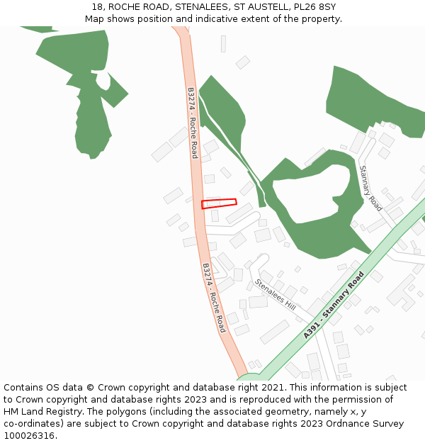 18, ROCHE ROAD, STENALEES, ST AUSTELL, PL26 8SY: Location map and indicative extent of plot