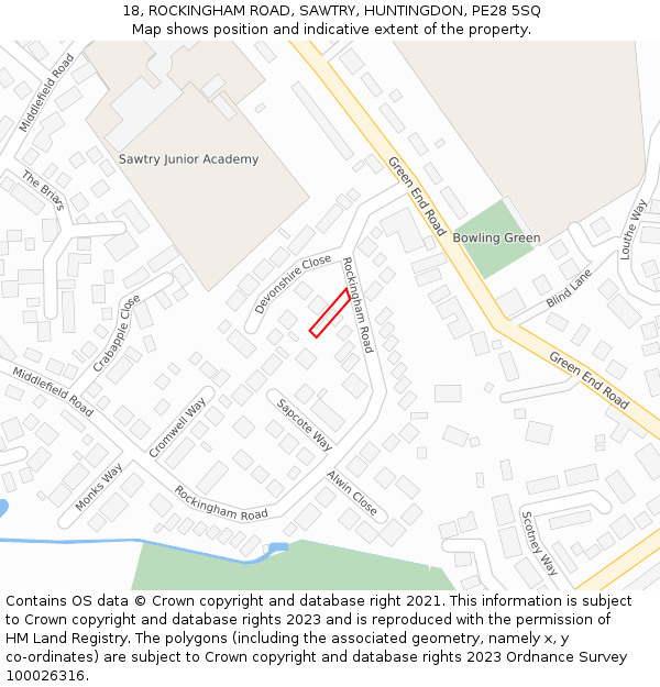 18, ROCKINGHAM ROAD, SAWTRY, HUNTINGDON, PE28 5SQ: Location map and indicative extent of plot