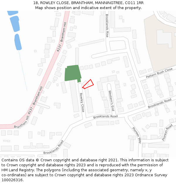 18, ROWLEY CLOSE, BRANTHAM, MANNINGTREE, CO11 1RR: Location map and indicative extent of plot